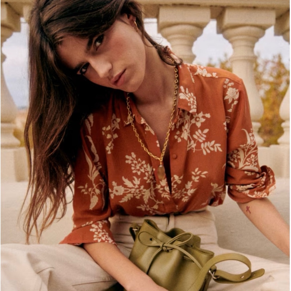 Sezane Ann Shirt silk Bicolour Ecru/ochre - Size 6
